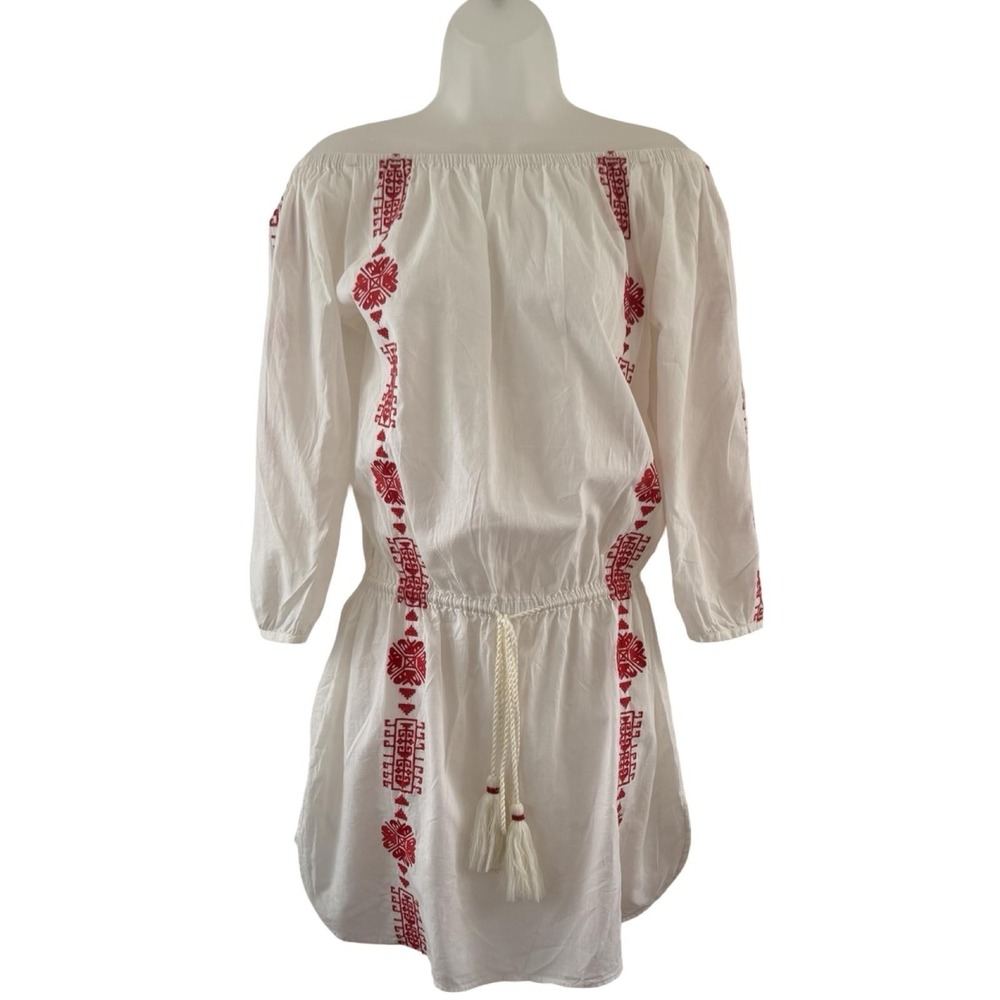 Pampelone Dress Womens Small White Embroidered Off Shoulder Boho Tassel Beach